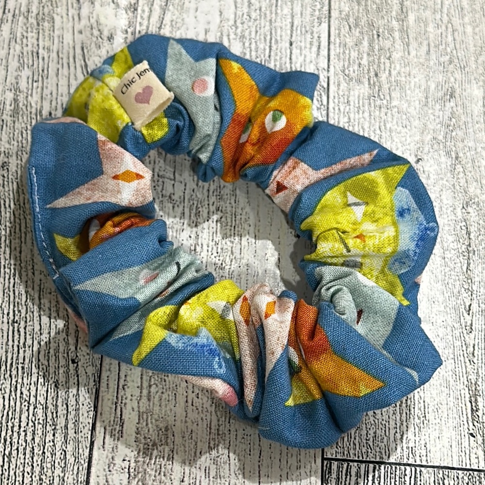 Chic Jem Blue and Yellow cat Cartoon Print Hair Scrunchie